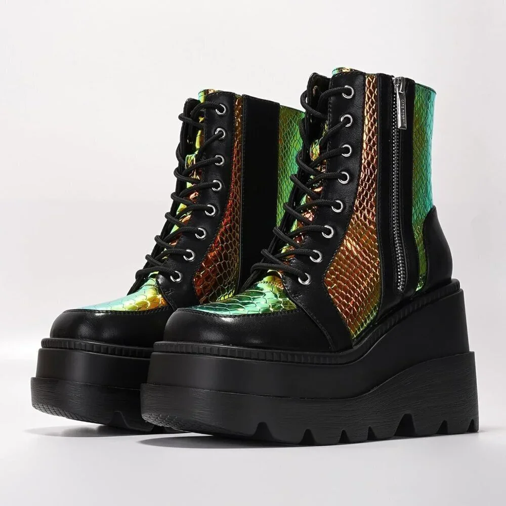 Women's Black Chunky Block Heels Pointed Toe Leather Buckle Strap Retro Boots